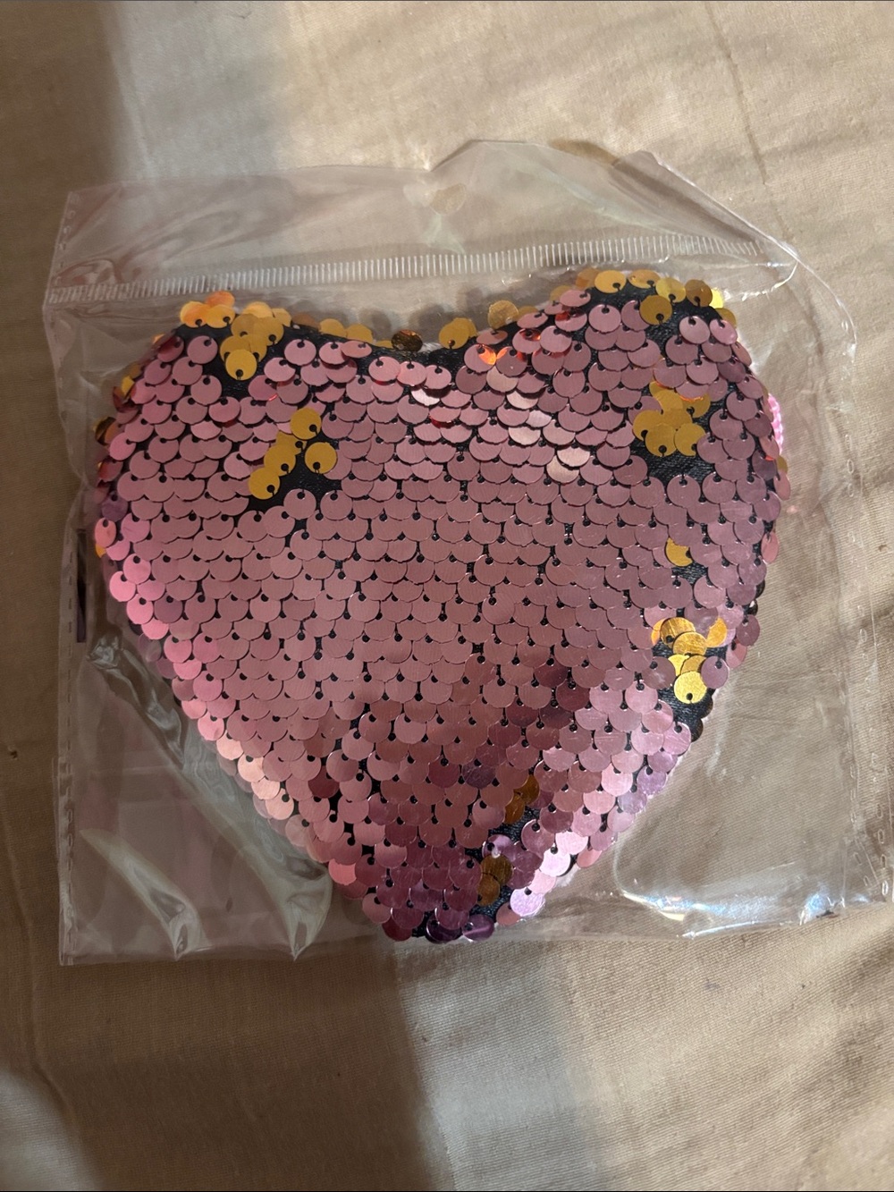 Sequin Heart Pouch - Pink with Gold Accents